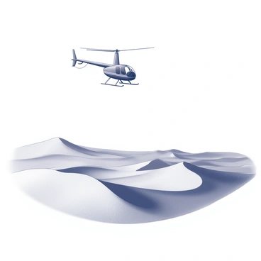A helicopter hovering above a vast desert landscape. The helicopter is positioned mid-air, with its rotor blades in motion. Below, the expansive scene features rolling sand dunes, their peaks and troughs creating a wave-like pattern across the terrain. The shadows cast by the helicopter stretch across the sandy surface, contrasting with the lighter areas of the dunes. The environment appears arid and open, with no vegetation in sight, emphasizing the scale of the desert.