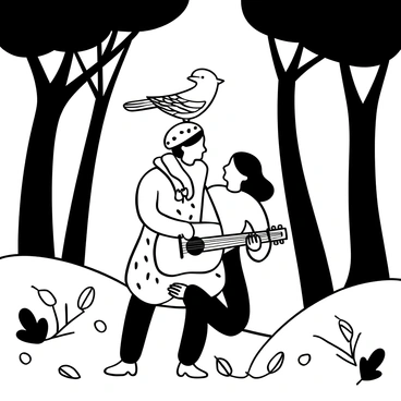 A nightingale with intricate feather details perched gracefully on the shoulder of a minstrel. The minstrel is wearing a flowing cloak adorned with patterns that evoke a sense of movement. In one hand, they hold a lute, while the other hand gestures as if inviting a song. Surrounding them are tall trees with branches reaching overhead, creating a canopy that partially obscures the night sky. The ground is littered with fallen leaves, and the scene is filled with a sense of adventure and companionship.