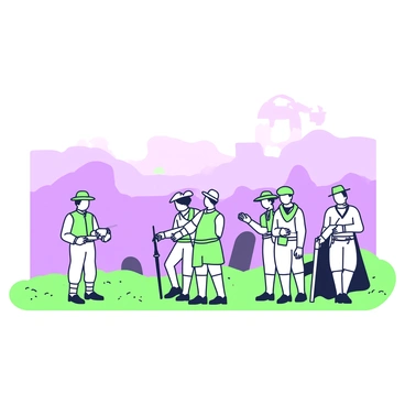 A group of defenders stands within the Alamo fortress, preparing for the day ahead as dawn breaks. The men are dressed in historical attire, with some wearing hats and others with scarves around their necks. They are engaged in quiet discussions, checking their equipment and weapons, while the faint outline of the fortress walls looms in the background. A layer of mist envelops the scene, creating a soft, diffused atmosphere, while the first light of day begins to illuminate the surroundings, revealing the textures of the stone walls and the grass underfoot.