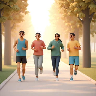 A group of four friends jogging on a tree-lined path. The first rays of the sun illuminate the scene, casting a warm glow on the surroundings. The first friend, wearing a blue tank top and black shorts, is leading the way with a smile. The second friend, dressed in a red shirt and gray leggings, is maintaining a steady pace beside her. The third friend, in a green hoodie and navy pants, is laughing as they jog, while the fourth friend, wearing a yellow t-shirt and light blue shorts, brings up the rear, looking cheerful. Tall trees line both sides of the path, their leaves glowing in the morning light.