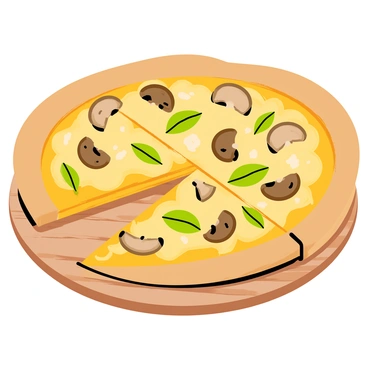 A delicious pizza with a golden-brown crust topped with melted cheese. The pizza is generously adorned with sliced shiitake mushrooms, showcasing their rich brown color. Fresh green basil leaves are scattered across the top, adding vibrant color and a hint of freshness. The pizza is set on a rustic wooden table, with a slice slightly pulled away to reveal the gooey cheese underneath.