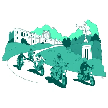 A group of motorcyclists, each wearing protective gear in shades of teal and white, is riding on their motorcycles along a winding road. In the background, there are several historical landmarks, including an ancient stone castle and a classic statue, both illuminated by the sunlight. The motorcyclists are spread out, creating a dynamic scene with some leaning into curves while others maintain a steady pace. Each motorcycle features unique designs, reflecting the individuality of its rider. The sky is clear, adding to the sense of adventure on their journey.