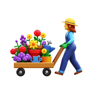 A gardener pushing a trolley filled with flowers and gardening tools.