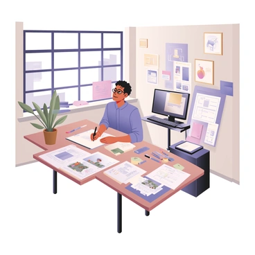 An illustrator is seated at a large drawing table in a bright studio in Sheffield. The studio is filled with natural light filtering through large windows. The illustrator has medium skin and short curly hair, wearing a casual blue shirt and glasses. Various sheets of colorful storyboards are spread across the table, showcasing dynamic scenes and character designs. Nearby, there are art supplies like colored pencils, markers, and sticky notes. On the walls, sketches and inspiration boards filled with digital art are displayed, adding to the creative atmosphere of the studio. A potted plant sits in the corner, adding a touch of greenery to the workspace.