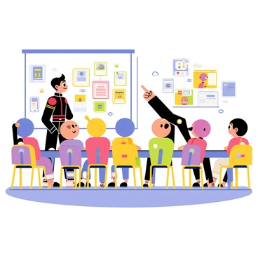 Astro Boy standing at the front of a bright, modern classroom filled with young robots, each with various designs and colors. Astro Boy, with his iconic black and red outfit, points towards a series of floating holographic displays that showcase interactive lessons. The classroom is filled with vibrant colors and advanced technology, including robotic desks and animated learning tools. Young robots are seated at their desks, attentively looking at Astro Boy, showing expressions of curiosity and excitement as they engage with the learning materials.