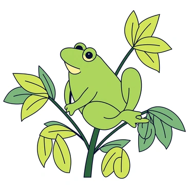 A small green frog sitting on a slender bamboo stalk. The frog has large, round eyes and smooth skin that glistens in the light. It is surrounded by vibrant green leaves and dense foliage, creating a rich environment. The bamboo stalk is upright, with several leaves sprouting from its sides. In the background, more plant life adds depth with varying shades of green.