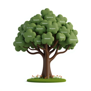 A large, sturdy tree with a thick trunk and a broad canopy is centrally positioned in the image. The branches extend outward and upward, each one prominently labeled with various names, symbolizing the members of a growing community. The leaves are lush and green, adding a vibrant touch to the scene. The ground around the tree is covered with soft grass, and there are small flowers scattered, enhancing the sense of life and growth surrounding the tree. The overall composition conveys a message of unity and connection within the community.