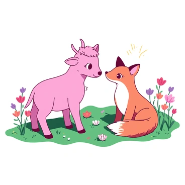 A duotone illustration features a pink two-headed calf standing in a vibrant green meadow. Each head of the calf has large, bright eyes and soft ears, looking towards a friendly curious fox. The fox is sitting on its haunches, tilting its head as it observes the calf, with its bushy orange tail curled around its body. Surrounding them are colorful wildflowers in various shapes and sizes, gently swaying in a light breeze, creating a sense of harmony in the scene. The sun casts soft shadows on the ground, enhancing the lively atmosphere of the friendship forming between the two animals.
