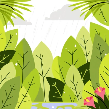 Raindrops splashing on broad, green leaves in a dense rainforest during the monsoon. The leaves are large and glossy, with various shades of green, showcasing their prominent veins. Clouds in varying shades of gray are visible overhead, with heavy rain falling in diagonal streaks. Small puddles form on the forest floor, reflecting bits of light filtering through the canopy. A few colorful flowers with vibrant petals peek through the lush foliage, adding a lively contrast to the scene.