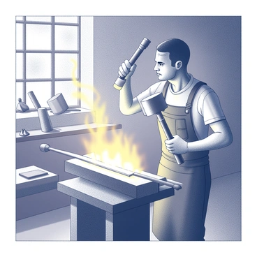 A blacksmith is working in a workshop filled with the glow of a forge. He is standing beside an anvil, holding a hammer above his head, ready to strike a glowing metal sword that lies on the anvil. The forge emits bright flames, casting flickering shadows across the space. Tools are scattered around, including tongs and hammers, and there are metal sheets waiting to be shaped. The blacksmith is wearing a leather apron and has sweat on his brow, focused intently on his work. The atmosphere is filled with the sounds of clanging metal and crackling fire.