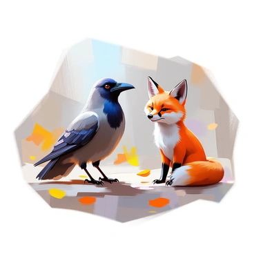 A character design sketch featuring a crow and a fox, each showcasing their distinct personalities. The crow has glossy black feathers, sharp eyes, and a slightly tilted head that suggests curiosity and intelligence. Its wings are slightly spread, indicating a readiness for flight. The fox has a bushy reddish-orange tail and bright, alert eyes that reflect cunning and playfulness. It stands with one paw raised, giving a sense of movement and mischief. The background features simple elements like a few scattered leaves and a hint of a forest setting to enhance their natural environment.