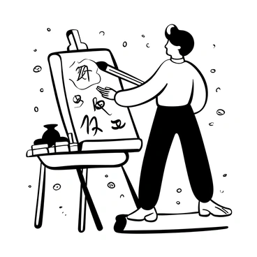 An artist standing at an easel, holding a large calligraphy brush. The artist is in the process of painting various characters on the canvas, with graceful strokes flowing from the brush. There are several ink pots scattered on the table beside the easel. A soft sheen of ink is evident on the canvas as intricate characters come to life. The artist's hands are poised with focus and precision, demonstrating the careful technique involved in calligraphy. Various sketches and drafts are visible in the background, hinting at the creative process.