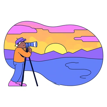 A photographer standing beside a sturdy tripod, preparing to capture a stunning landscape during sunset. The sky is filled with vibrant hues of orange, pink, and purple as the sun dips below the horizon. In front of the photographer, a vast landscape unfolds, featuring rolling hills and silhouettes of distant mountains. The tripod holds a camera aimed at the colorful sky, ready to capture the moment. The photographer is dressed in outdoor attire, focused and adjusting the camera settings.