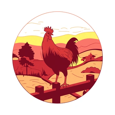 A red Gallic rooster is perched on a wooden fence, its feathers gleaming in the early morning light. The rooster has its head held high and its beak open in a crowing pose. In the background, a soft yellow sky indicates the dawn, with the first rays of sunlight breaking over the horizon. The landscape features gentle rolling hills and a few scattered trees, emphasizing the rural charm of France. The rooster’s proud stance captures the essence of its role as a national symbol.