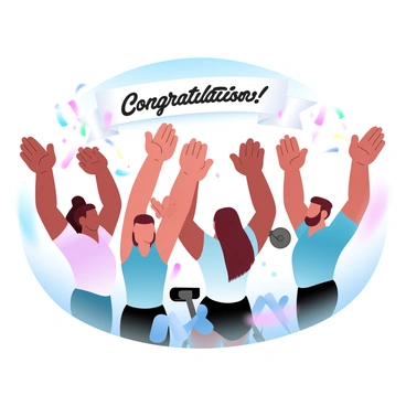 A group of cyclists is gathered together, raising their arms in celebration after completing a class. Each cyclist is wearing colorful cycling gear, showcasing a variety of vibrant colors. Confetti is falling around them, creating a festive and lively scene. The setting is filled with an atmosphere of excitement and achievement as the cyclists express their joy and camaraderie. In the background, a banner with the words "Congratulations!" is clearly visible, contributing to the celebratory mood.