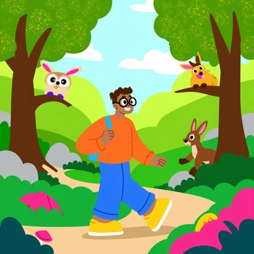 A cartoon character with bright, colorful clothing is walking through a magical forest. The forest is filled with vibrant trees that have glittering leaves in various shades of green and gold. Various talking animals surround the character; a wise owl with large glasses perched on a branch, a cheerful rabbit with a big smile hopping nearby, and a friendly deer with sparkling eyes peeking from behind a tree. The sunlight filters through the canopy, casting playful shadows on the forest floor, which is covered with colorful flowers and mushrooms. The character looks curious and excited, with a small backpack slung over one shoulder.