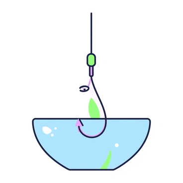 A fishing hook is hanging from a thin line above a clear, empty body of water. The hook is shiny with a slight reflection of light. Below the surface, the water is calm and undisturbed, showing no signs of life. The scene is devoid of any fish or aquatic plants, creating a sense of solitude in the natural setting. The background is simple, emphasizing the isolation of the fishing hook in the still water.