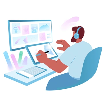 A graphic illustration artist intensely focused while drawing on a digital tablet