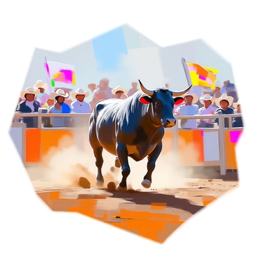 A dynamic scene featuring a powerful bull at a rodeo, caught mid-motion as it leaps into the air. The bull has a muscular body with dark, glossy fur and prominent horns, displaying its strength and energy. Dust is kicked up from the ground, swirling around its hooves as it charges across the arena. In the background, a crowd of spectators is cheering, captivated by the action. Colorful banners and rodeo paraphernalia are positioned around the area, adding to the lively atmosphere of the event.