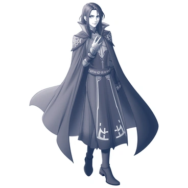 A male character with sharp features, wearing a dark cloak that drapes elegantly over his form. He has long, dark hair that falls just past his shoulders. His eyes are large and expressive, with a focused gaze that conveys intensity. The clothing features intricate patterns and textures, including a high-collared design and various layers that add depth to the outfit. He stands in a dynamic pose, suggesting movement, with the cloak slightly billowing around him.