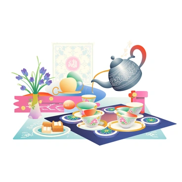 A Persian tea ceremony taking place with ornate teapots and cups on Nowruz