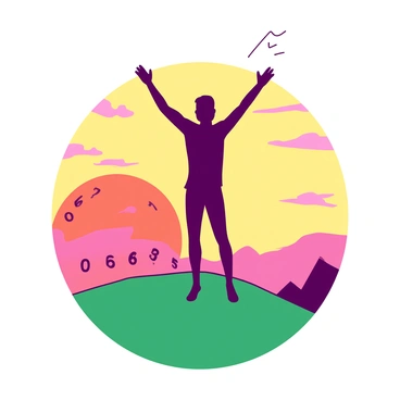 A person is depicted in silhouette, standing on a green hilltop with arms raised in celebration. Behind them, a large orange lottery ball is partially visible, showcasing its distinct number patterns. The sky is filled with vibrant hues of yellow and pink as the sun sets on the horizon, casting a warm glow over the scene. The silhouette stands confidently against the backdrop of this dramatic sunset, emphasizing the feeling of triumph and joy.