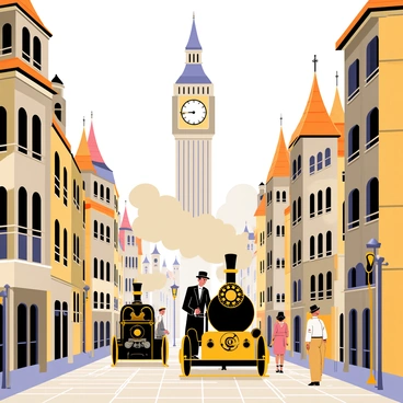 A steampunk city set with gears and steam-powered vehicles moving through cobblestone streets
