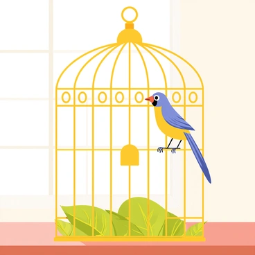 An open birdcage with intricate metalwork, featuring a golden finish and delicate filigree. The cage is positioned on a wooden table, with sunlight streaming through a nearby window. On the edge of the birdcage, a small, colorful bird with vibrant blue and yellow feathers is perched, looking out with wide, curious eyes. Its wings are slightly spread, as if preparing for its first flight. A soft blanket of green leaves lies beneath the cage, adding a touch of nature to the scene.