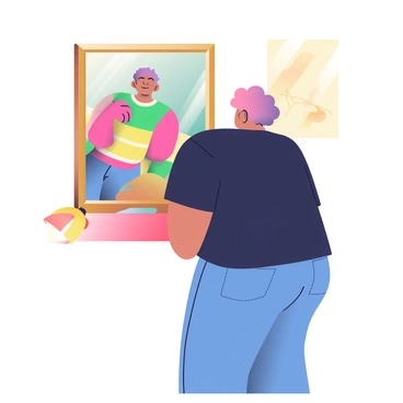 A person with short curly hair is standing in front of a vintage mirror. They are wearing a black t-shirt and blue jeans. The mirror reflects a distorted, alternate version of themselves, with exaggerated features such as elongated limbs and a vivid color palette. The environment is softly lit, with warm light coming from a nearby lamp, casting gentle shadows on the wall. The person is leaning slightly forward, with a curious expression on their face as they gaze into the mirror.