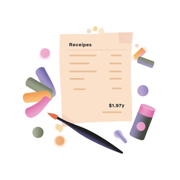 A digital flat illustration featuring a "receipt" at the center with various line items listed. The receipt is partially crumpled, with a price listed at the bottom. Surrounding the receipt are colorful doodles of art supplies, including "crayons" in vibrant hues, "colored pencils" arranged in a fan shape, and "paints" in small tubes. A "paintbrush" with a slightly bent tip is placed at the end of the receipt, with colorful paint splashes surrounding it. The background is a soft, light color to enhance the visibility of the art supplies and the receipt.