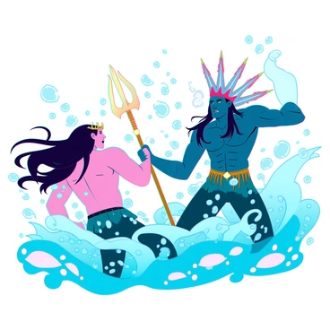 Aquaman, a muscular figure with long, flowing hair and a shimmering golden trident, is depicted in an intense battle against a rival sea king. The rival sea king has dark, scaly skin and wears an ornate crown made of coral, with sharp, pointed features. Surrounding them are swirling ocean currents, creating a dynamic and turbulent scene filled with splashes of water. Bubbles and debris are swirling around them as they clash, showcasing their strength and determination. Fish and sea creatures can be seen scattering in the background, adding to the chaotic underwater environment.