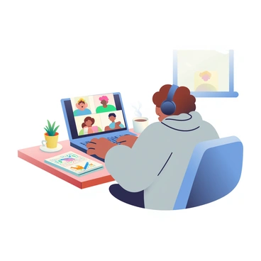 An illustrator participating in a virtual meeting with a team, using a laptop