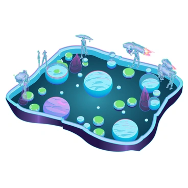 A futuristic board game setup featuring a detailed game board shaped like a galaxy, complete with colorful planets in varying sizes and textures scattered throughout. Each planet has unique features, such as rings, craters, and lush green surfaces. Various sleek, metallic spaceships, designed with aerodynamic shapes and glowing trails, are positioned on the board, indicating movement and strategy. A diverse cast of alien races is represented by intricately designed figures, showcasing different skin tones, physical features, and attire, capturing their distinct cultures. Game pieces are arranged around the board, each with unique designs, ready for players to engage in interstellar exploration and conquest.