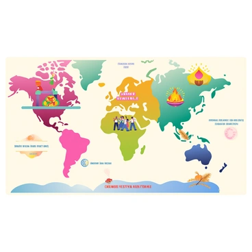 A large cultural map is displayed, showcasing various festivals and traditions across different regions. Each region is highlighted in vibrant colors, with distinct icons representing different festivals. In the top left section, a colorful dragon symbolizes the Lunar New Year celebration. To the right, a large bonfire icon marks the Diwali festival, surrounded by shimmering lights. In the center, a parade icon with dancing figures represents Carnival. Below, a harvest festival is depicted with wheat sheaves and pumpkins. Each icon is labeled with a small text in quotes, naming the corresponding festival and tradition. The map is adorned with decorative borders that reflect cultural motifs from the regions represented.