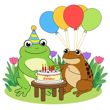 A bright green frog with large expressive eyes is wearing a tiny party hat decorated with colorful patterns. Next to it, a brown toad with a wide smile is also wearing a matching party hat. They are standing in a sunny garden filled with vibrant flowers and lush green grass. A round birthday cake with colorful icing and lit candles is placed on a small wooden table in front of them. The cake has a "Happy Birthday" message written in icing. Colorful balloons in various shapes float above them, tied to the table with bright ribbons. The atmosphere is cheerful and festive, capturing the joy of their celebration.