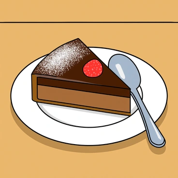 A single slice of chocolate torte resting elegantly on a white plate. The torte has a glossy, rich chocolate ganache on top, reflecting a soft sheen. Beside the plate, there is a shiny silver spoon with a decorative handle placed at an angle. The torte slice has a light dusting of powdered sugar on top, and a small raspberry sits atop the ganache, adding a pop of color. The plate is set on a wooden table, creating a warm contrast to the dessert.