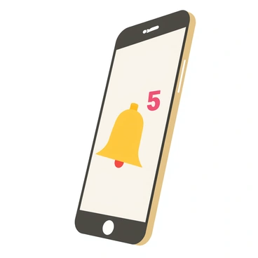 A smartphone with a sleek black body is positioned upright. The screen is lit up, displaying a bright yellow notification bell icon in the center. A red alert number, prominently displayed as a bold "5", is located at the top right corner of the bell icon. The background is a soft gradient that enhances the visibility of the phone and its screen.