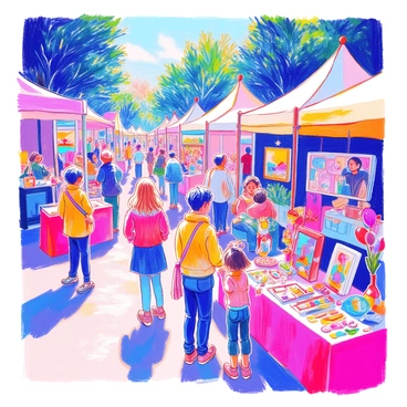 An outdoor art market is filled with people actively browsing various vibrant paintings and handmade crafts. Colorful tents are set up, showcasing an array of artworks, from canvases featuring landscapes to intricate sculptures. Some visitors are examining pieces closely, while others engage in lively conversations. A table displays a collection of handmade jewelry, catching the sunlight with its shimmering colors. Nearby, a child is interacting with a street performer, who is creating balloon animals. The atmosphere is lively, with a backdrop of greenery from surrounding trees.