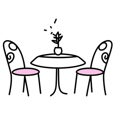 A small round table is set in the center of the image. It is adorned with a white tablecloth and a single vase containing fresh flowers. Flanking the table are a pair of elegant bistro chairs, one chair on each side, made of wrought iron with a delicate design. The chairs have soft cushions in muted colors. Sunlight filters through nearby trees, casting gentle shadows on the table and chairs.