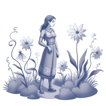 A legendary figure stands in a lush landscape. The figure has an intricate outfit adorned with symbols of folklore. Surrounding them are various mythical flowers with unique shapes and textures. Some flowers have twisting petals, while others display unusual patterns. The scene is rich with detail, showcasing the vibrant foliage that complements the flowers. The figure gazes thoughtfully at the blossoms, creating a serene connection between them and nature. The environment is filled with organic elements, such as winding vines and leaves that frame the composition.
