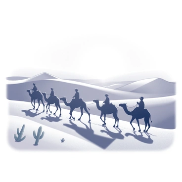 A caravan of camels is traversing the expansive sandy landscape. The camels are walking in a line, each with a rider seated atop, wearing traditional garments. The dunes are large and undulating, creating a sense of movement and depth. The sun is setting in the background, casting long shadows across the sand and illuminating the camels and riders with a soft glow. Silhouettes of cacti and sparse vegetation can be seen in the foreground, adding to the sense of vastness. The sky is filled with a gradient of fading light as the day transitions to night.