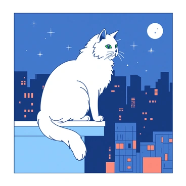 A white Persian cat with long, flowing fur is perched elegantly on the edge of a balcony. The moonlight casts a soft glow on the cat, highlighting its striking green eyes. Below, a cityscape stretches out with various buildings illuminated by warm orange lights. The night sky is deep blue, dotted with twinkling stars, adding to the tranquil ambiance. The cat gazes intently at the view, with its tail gently swaying behind it in the cool night breeze.