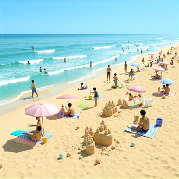 A sunny muster of beachgoers enjoying activities like surfing, sunbathing, and building sandcastles