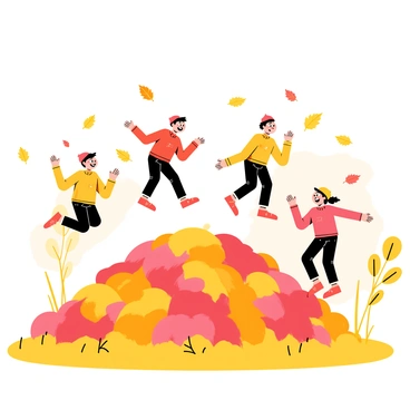 A group of four children is joyfully jumping into a large pile of colorful autumn leaves. The children, dressed in bright sweaters and hats, are mid-air with wide smiles on their faces. The pile of leaves is a mix of red, orange, and yellow, creating a vibrant contrast against the grassy ground. A few leaves are caught in the air, swirling around the children. In the background, there are trees with changing foliage, enhancing the autumn atmosphere.