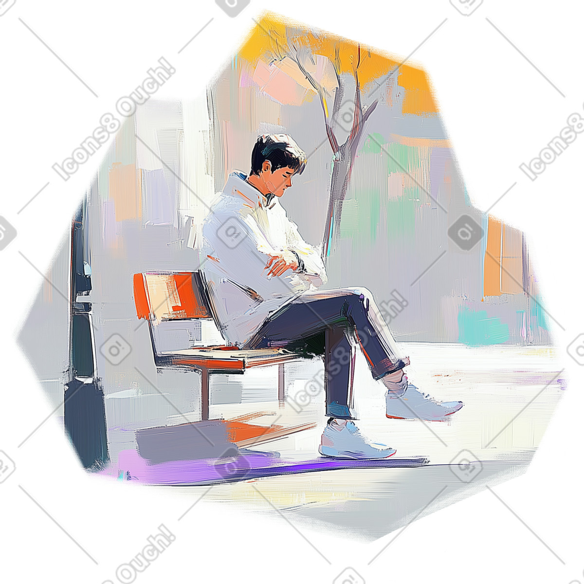 Pictorial スタイルの 公園のベンチで待っている男性の油絵 のイラストをPNG、SVG形式でダウンロード