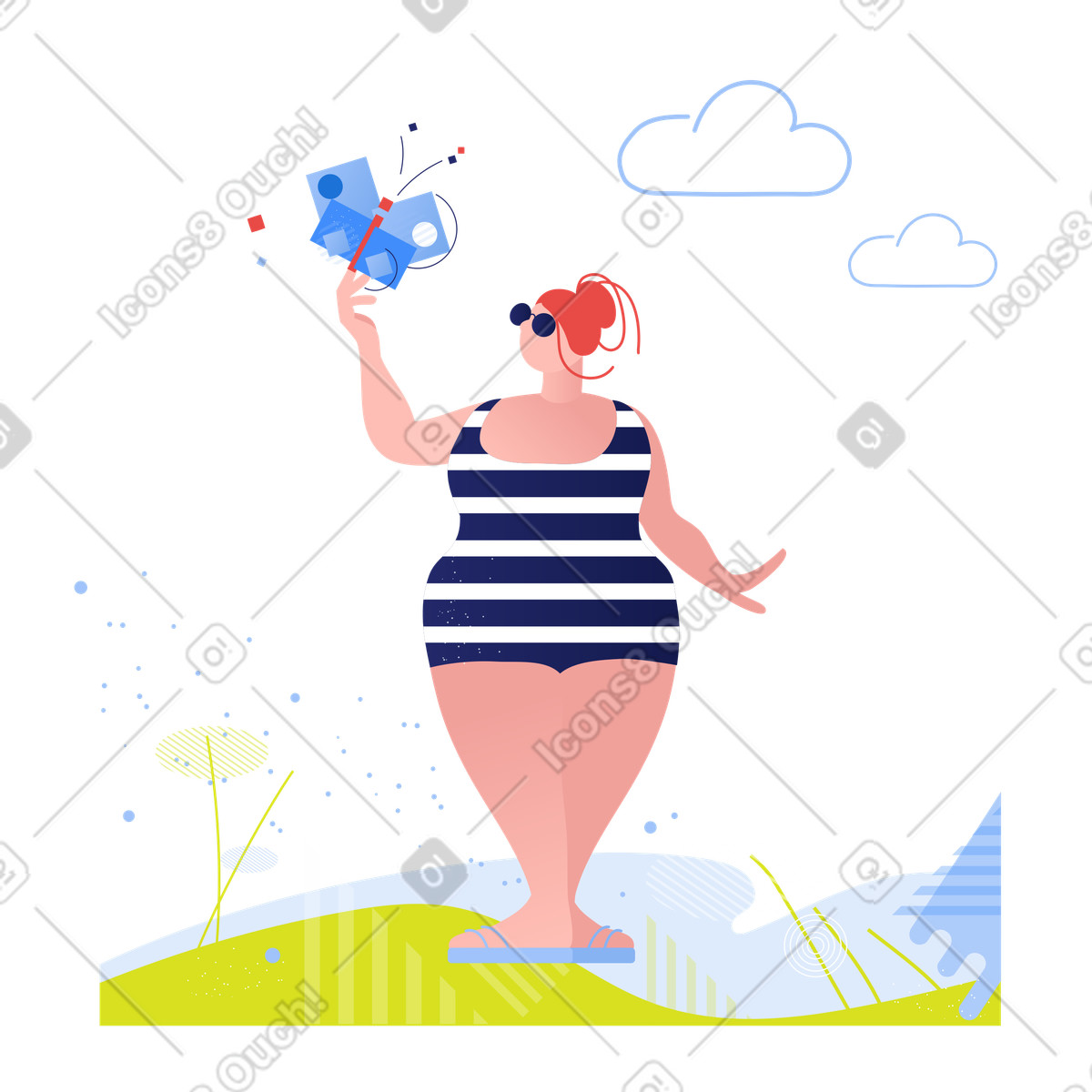 Mollige frau im strandanzug und sonnenbrille mit schmetterling in der hand-Illustration Clip-Stil als Download PNG, SVG
