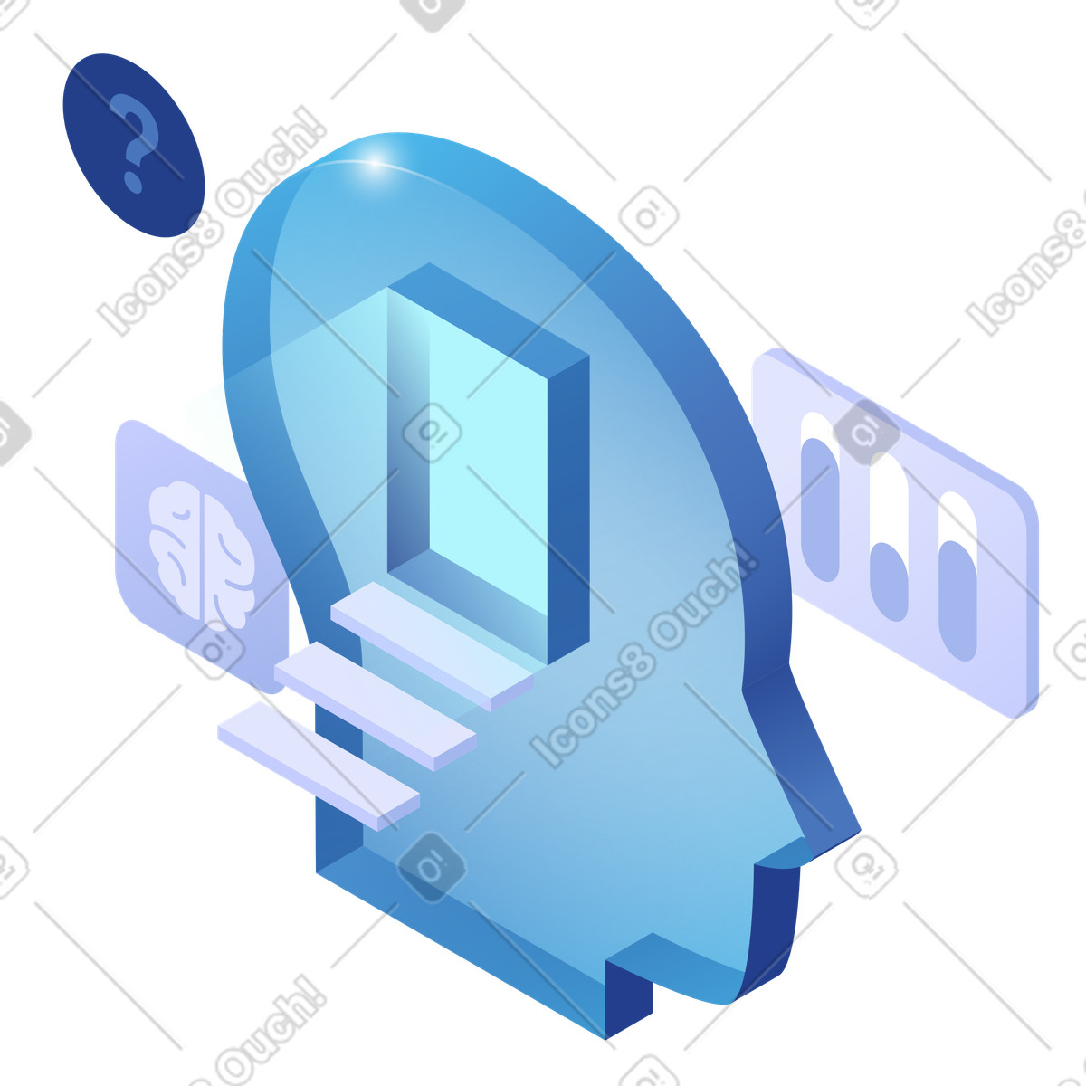 Head silhouette with open doorway and charts, Consumer Psychology Decision Making Analysis illustration in Quantum style download in PNG, SVG