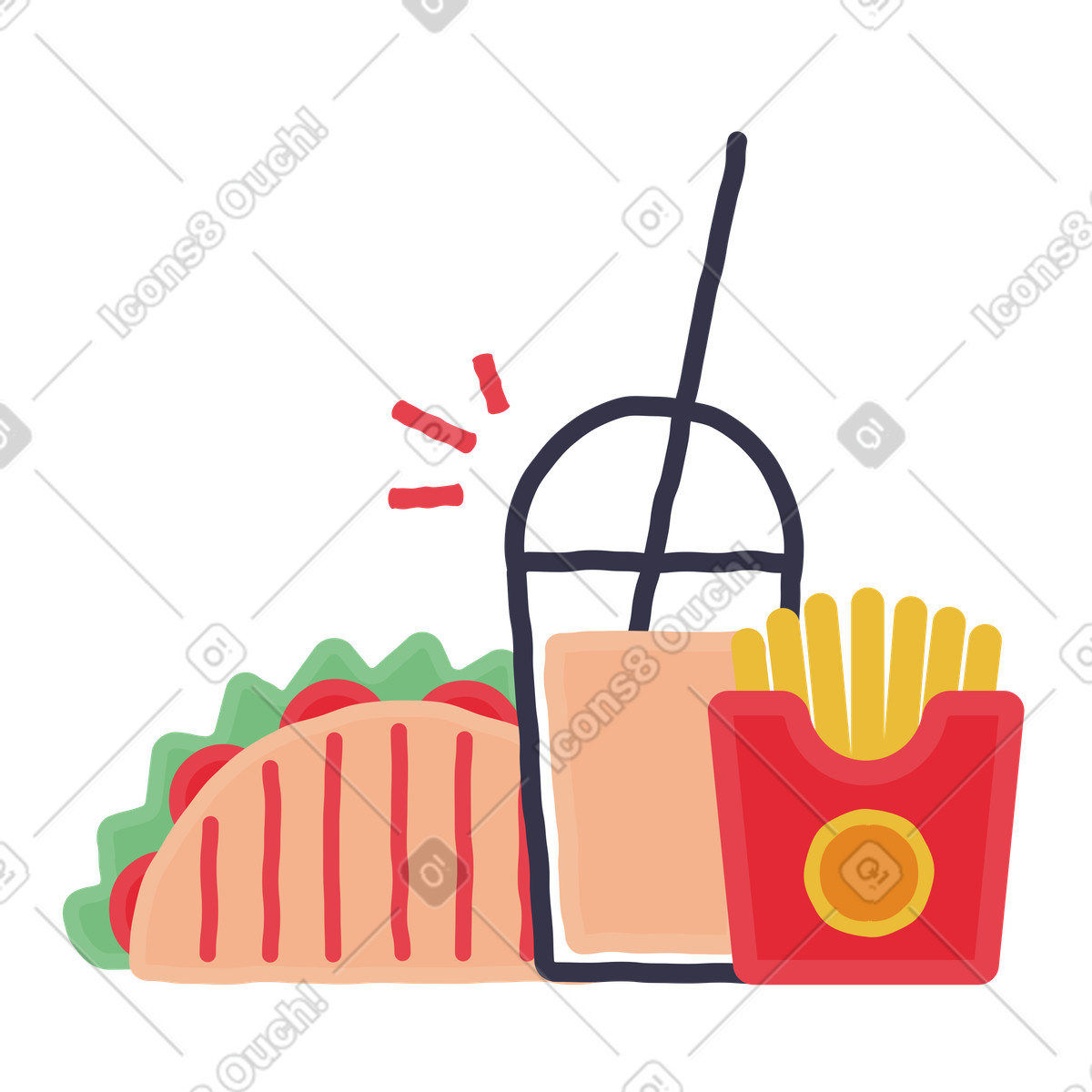 Fast food taco, patatine fritte e frullato illustrazione in stile Stripy scarica in PNG, SVG