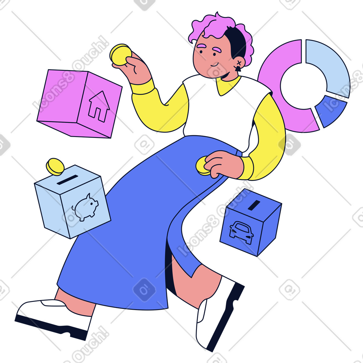 Balancing savings for financial goals, money management and budget planning illustration in Flexy style download in PNG, SVG