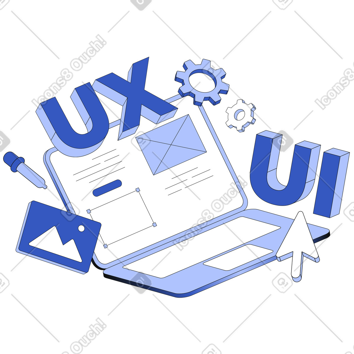 Ux/Ui text with laptop and web design elements lettering  illustration in PNG, SVG
